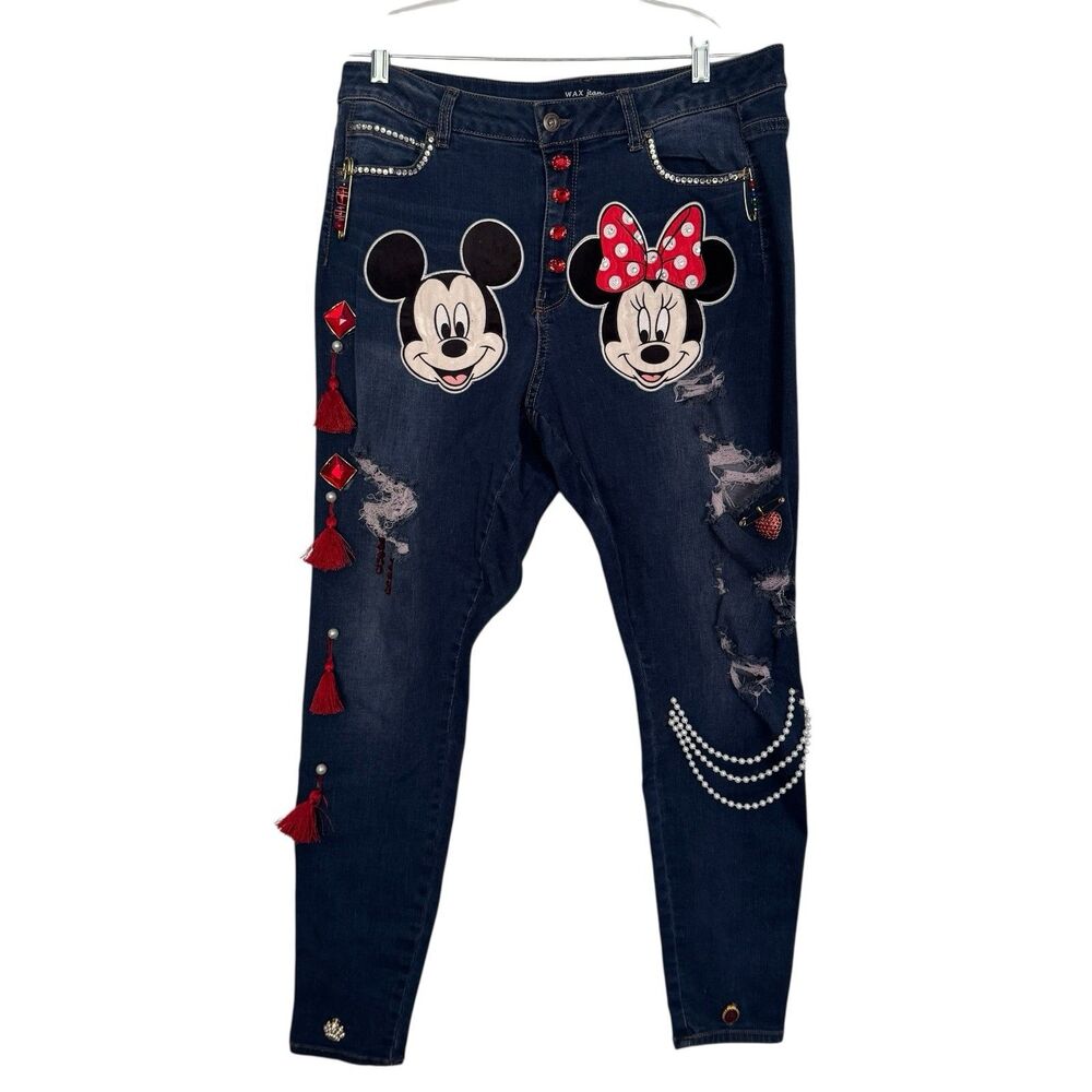 Disney Mickey Minnie Mouse Distressed Upcycled Custom Women’s WAX Jeans Size 18